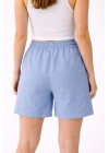 Kadın Keten Kumaş Cepli Rahat Kesim Bel Lastikli Şort - Mavi