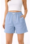 Kadın Keten Kumaş Cepli Rahat Kesim Bel Lastikli Şort - Mavi