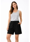 Kadın Keten Kumaş Cepli Rahat Kesim Bel Lastikli Şort - Siyah