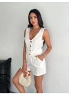 Kadın keten şort yelek takım s3461