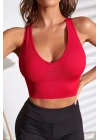 Kadın Kırmızı Derin Göğüs Dekolteli Şık Crop Top Bluz