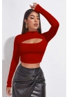 Kadın Kırmızı Göğüs Dekolteli Uzun Kollu Cut Out Crop Top Bluz