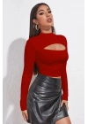 Kadın Kırmızı Göğüs Dekolteli Uzun Kollu Cut Out Crop Top Bluz