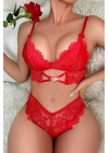 Kadın Kırmızı Kalp Tokalı Çapraz Lastik Detaylı Dantel İç Çamaşır Takımı