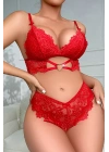 Kadın Kırmızı Kalp Tokalı Çapraz Lastik Detaylı Dantel İç Çamaşır Takımı