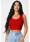 Kadın Kırmızı Kare Yaka Crop Top Bluz