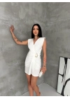 Kadın Kruvaze Drapeli Tokalı Mini Elbise Şık Gece Davet Abiye - Beyaz