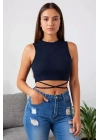 Kadın Lacivert Çapraz Bağlamalı Crop Top Büstiyer – Modern ve Şık Tasarım