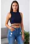Kadın Lacivert Çapraz Bağlamalı Crop Top Büstiyer – Modern ve Şık Tasarım