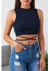Kadın Lacivert Çapraz Bağlamalı Crop Top Büstiyer – Modern ve Şık Tasarım