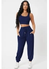 Kadın Lacivert Kaşkorse Cepli Jogger Eşofman Altı ve Crop Top Bluz