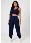 Kadın Lacivert Kaşkorse Cepli Jogger Eşofman Altı ve Crop Top Bluz – Şık, Rahat ve Kolay Kombinlenebilir