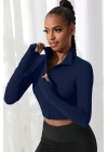 Kadın Lacivert Uzun Kol Fermuarlı Parmak Geçme Detaylı Dik Yaka Crop Top Bluz – Şık, Rahat ve Kolay Kombinlenebilir