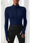 Kadın Lacivert Uzun Kol Fermuarlı Parmak Geçme Detaylı Dik Yaka Crop Top Bluz – Şık, Rahat ve Kolay Kombinlenebilir
