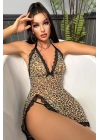 Kadın Leopar Desenli Derin V Yaka Dantel Detaylı Yırtmaçlı Gecelik
