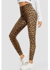 Kadın Leopar Desenli Yüksek Bel Dar Kesim Esnek Tayt