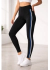 Kadın Likralı Yan Beyaz Mavi Şeritli Detaylı Tayt - Siyah