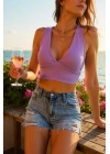 Kadın Lila Çapraz Sırt Detaylı Şık Crop Top Büstiyer