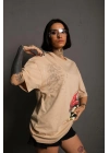 Kadın Mario Baskılı T-Shirt Oversize Kısa kol Bisiklet yaka tişort - Bej