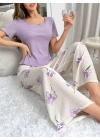 Kadın Mor Çiçek Desenli Yumuşak Pamuklu Uzun Pijama Takımı 5133