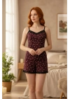 Kadın Mor Kalp Desenli Askılı Şortlu Dantelli Pijama Takımı