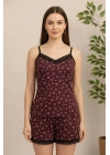 Kadın Mor Kalp Desenli Askılı Şortlu Dantelli Pijama Takımı