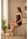 Kadın Mor Kalp Desenli Askılı Şortlu Dantelli Pijama Takımı