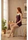 Kadın Mor Kalp Desenli Askılı Şortlu Dantelli Pijama Takımı