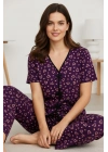 Kadın Mor Kalp Desenli Fiyonklu Kısa Kollu Uzun Pijama Takımı
