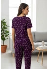 Kadın Mor Kalp Desenli Fiyonklu Kısa Kollu Uzun Pijama Takımı