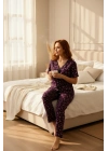 Kadın Mor Kalp Desenli Fiyonklu Kısa Kollu Uzun Pijama Takımı