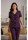 Kadın Mor Kalp Desenli Fiyonklu Kısa Kollu Uzun Pijama Takımı