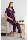 Kadın Mor Kalp Desenli Fiyonklu Kısa Kollu Uzun Pijama Takımı