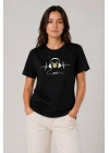 Kadın Müzik Temalı Baskılı Tişört Bisiklet Yaka Kısa Kol T-Shirt - Siyah