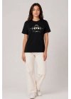 Kadın Müzik Temalı Baskılı Tişört Bisiklet Yaka Kısa Kol T-Shirt - Siyah