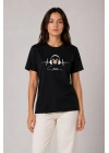 Kadın Müzik Temalı Baskılı Tişört Bisiklet Yaka Kısa Kol T-Shirt - Siyah