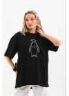 Kadın Nihilist Penguen Özel Tasarım Oversize Bisiklet Yaka Tişört - Siyah