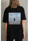 Kadın Oversize Tişört - Sırt Baskılı Survivor Penguin Temalı, Felsefi Yazılı Bisiklet yaka Tişört - Siyah