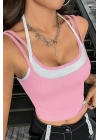 Kadın Pembe Beyaz Çift Renk Çapraz Askılı Crop Top Bluz