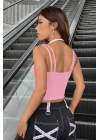 Kadın Pembe Beyaz Çift Renk Çapraz Askılı Crop Top Bluz