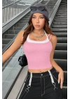 Kadın Pembe Beyaz Çift Renk Çapraz Askılı Crop Top Bluz