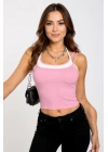 Kadın Pembe Beyaz Çift Renk Çapraz Askılı Crop Top Bluz – Şık, Rahat ve Kolay Kombinlenebilir