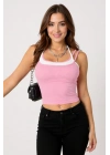 Kadın Pembe Beyaz Çift Renk Çapraz Askılı Crop Top Bluz – Şık, Rahat ve Kolay Kombinlenebilir