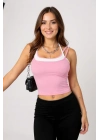 Kadın Pembe Beyaz Çift Renk Çapraz Askılı Crop Top Bluz – Şık, Rahat ve Kolay Kombinlenebilir