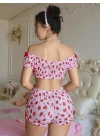 Kadın Pembe Çilek Desenli Fantezi Şort takım 2156