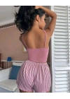 Kadın pembe çizgili desen Askılı Şortlu Pijama Takım 5002