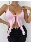 Kadın Pembe Crop Askılı Önden Bağlama Fırfır detaylı 5090