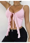 Kadın Pembe Crop Askılı Önden Bağlama Fırfır detaylı 5090
