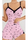 Kadın Pembe Kalp Desenli Askılı Şortlu Pijama Takım 5013