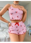 Kadın Pembe Kiraz Desenli Askılı Şortlu Pijama Takım 5044
